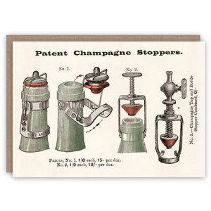 Champagne birthday or congratulations card illustrating champagne bottle stoppers.