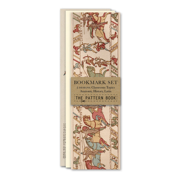 Packaged bookmark set with vintage-style illustrations on a white background