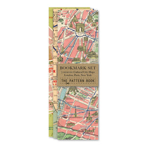Set of bookmark designs with city maps on a white background