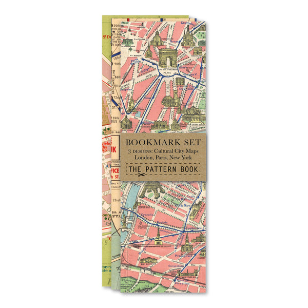 Set of bookmark designs with city maps on a white background