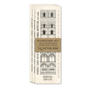 Set of architectural-themed bookmarks in a fleck kraft belly band on a white background