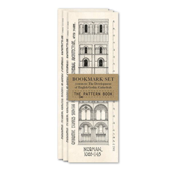 Set of architectural-themed bookmarks in a fleck kraft belly band on a white background