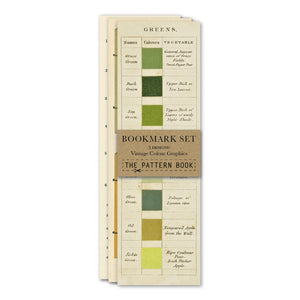 Vintage-style bookmark set with color swatches on a white background