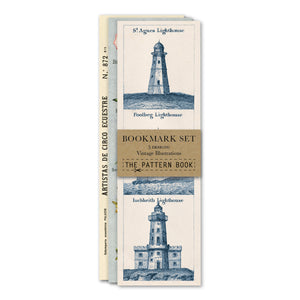 Set of bookmark cards with lighthouse illustrations on a white background