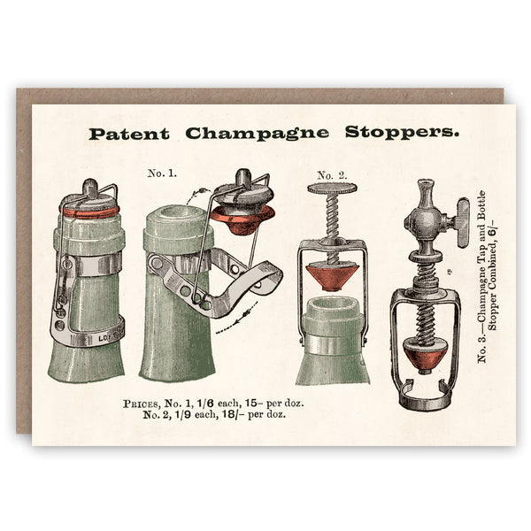 Champagne birthday or congratulations card illustrating champagne bottle stoppers. 