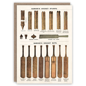 Greeting card illustrating cricket bats and stumps for sale