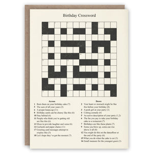 Birthday crossword puzzle card with black and white design on a beige background