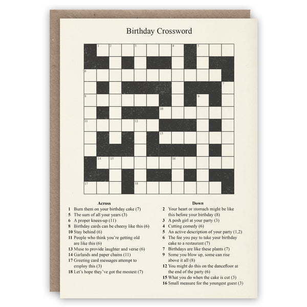 Birthday crossword puzzle card with black and white design on a beige background