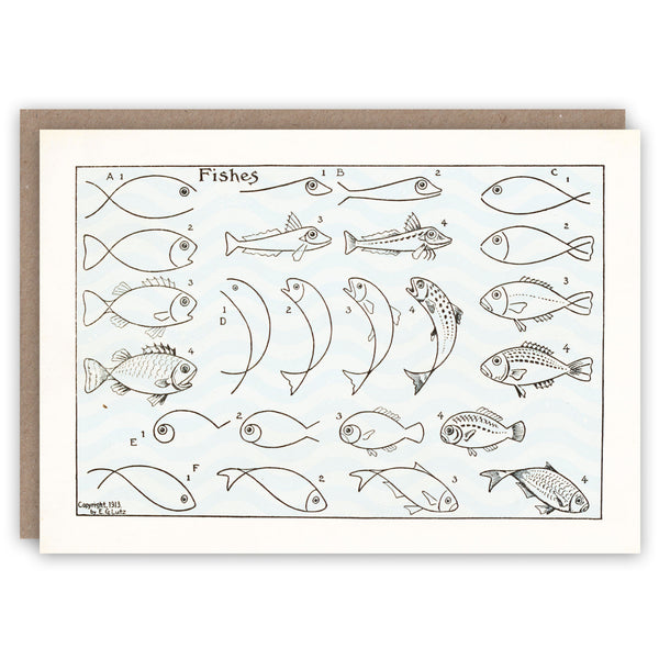 Greeting card illustrating a method of drawing fish with a pencil or pen