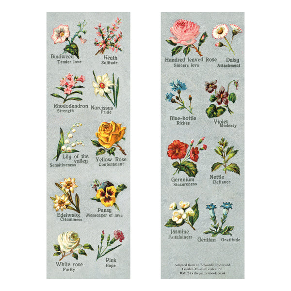 Vintage-style illustrations of flowers and their names and associated meanings printed on the front and back of a bookmark. 