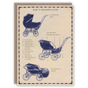Vintage-style card with illustrations of a baby's pram and advertising text on a beige background