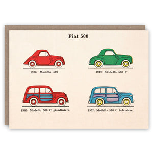 Greeting card illustrating early vintage models of the Fiat 500.