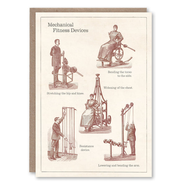 Greeting card with an illustration of Edwardian gym equipment from the 1908 Winkler Prins Encyclopedie