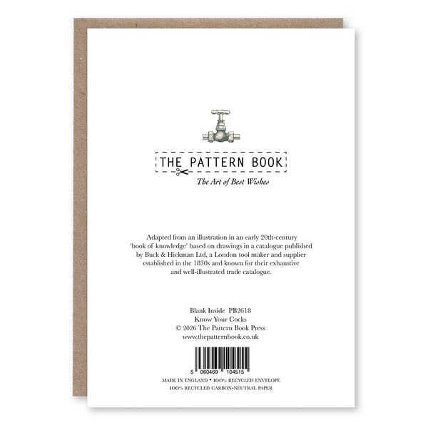 Back of Know Your Cocks greeting card showing product details and The Pattern Book branding