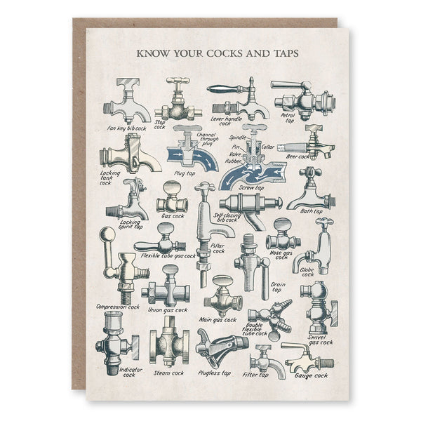 Greeting card with an illustration of various cocks and taps from an early 20th-century Buck & Hickman tool catalogue