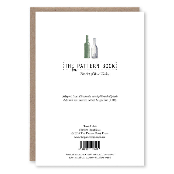 Back of Bouteilles greeting card showing product details and The Pattern Book branding
