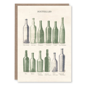 Greeting card with an illustration of wine and liquor bottle shapes from a 1904 French encyclopaedia of grocery trades