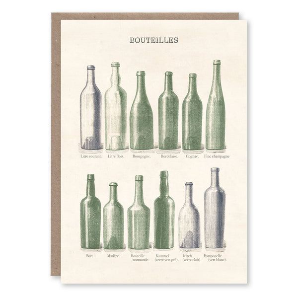 Greeting card with an illustration of wine and liquor bottle shapes from a 1904 French encyclopaedia of grocery trades