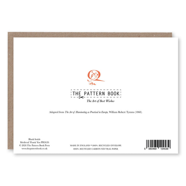 Back of Medieval Thank You greeting card showing product details and The Pattern Book branding