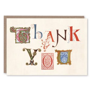Greeting card with illuminated manuscript letters spelling Thank You, adapted from a 19th-century guide to European illuminating