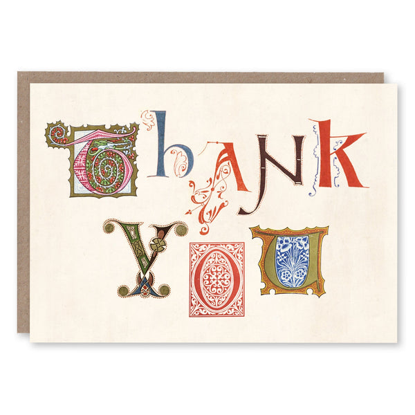 Greeting card with illuminated manuscript letters spelling Thank You, adapted from a 19th-century guide to European illuminating