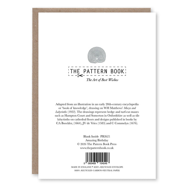Back of Amazing Birthday greeting card showing product details and The Pattern Book branding