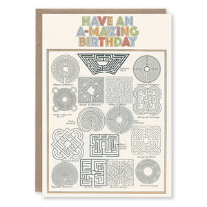 Birthday card with an illustration of historic maze and labyrinth designs including Hampton Court, cathedral floors and 17th-century pattern books