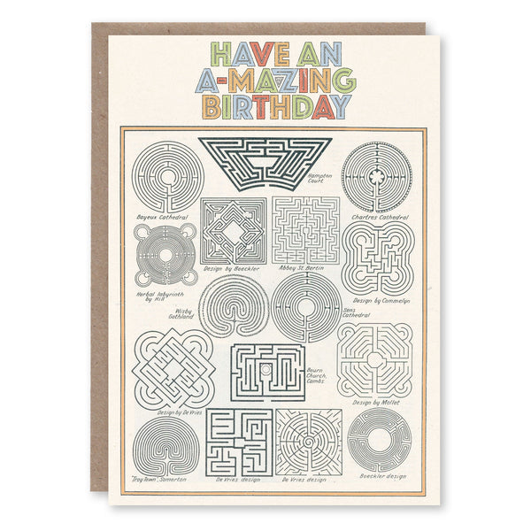 Birthday card with an illustration of historic maze and labyrinth designs including Hampton Court, cathedral floors and 17th-century pattern books