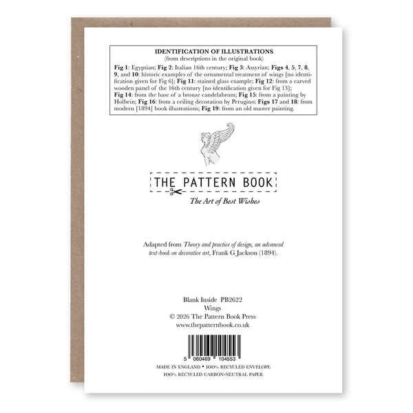 Back of Wings greeting card showing product details and The Pattern Book branding