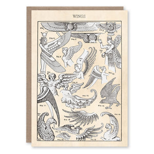 Greeting card with an illustration of wing designs from decorative art through the ages, adapted from an 1894 design textbook