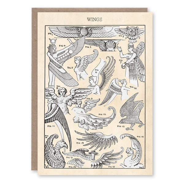 Greeting card with an illustration of wing designs from decorative art through the ages, adapted from an 1894 design textbook