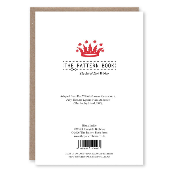 Back of Fairytale Birthday greeting card showing product details and The Pattern Book branding