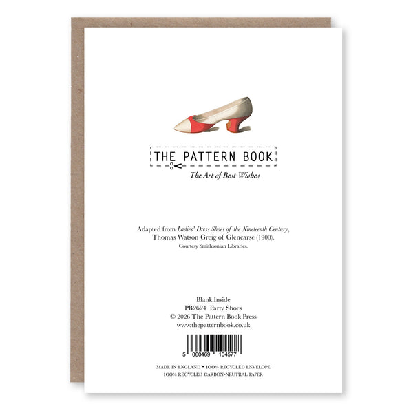Back of Party Shoes greeting card showing product details and The Pattern Book branding