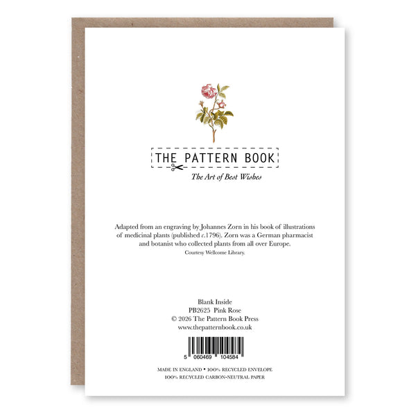 Back of Pink Rose greeting card showing product details and The Pattern Book branding