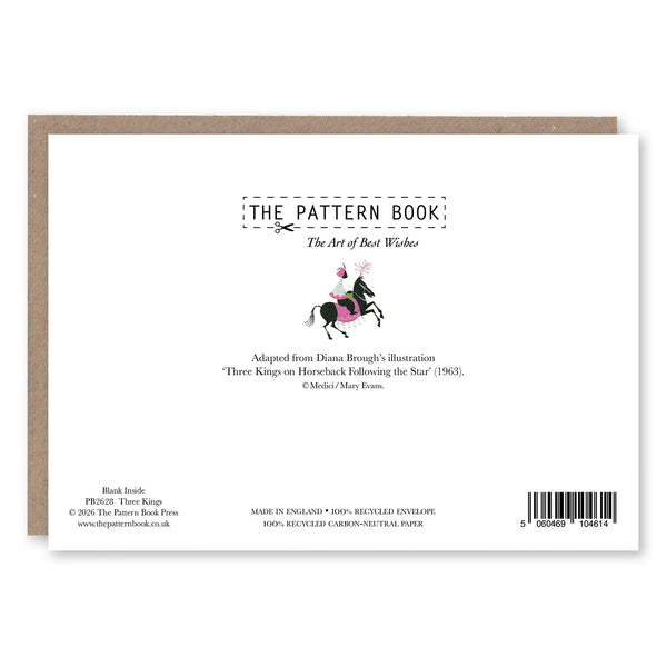 Back of Three Kings greeting card showing product details and The Pattern Book branding