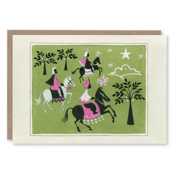Christmas card with an illustration of the Three Kings on horseback following the star, adapted from Diana Brough's 1963 artwork