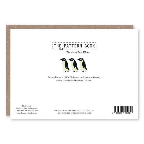 Back of Dancing Penguins greeting card showing product details and The Pattern Book branding