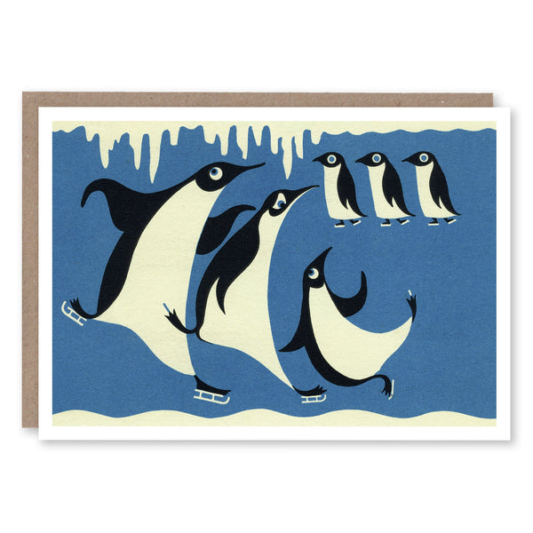 Christmas card with an illustration of dancing penguins adapted from a 1940s vintage Christmas card