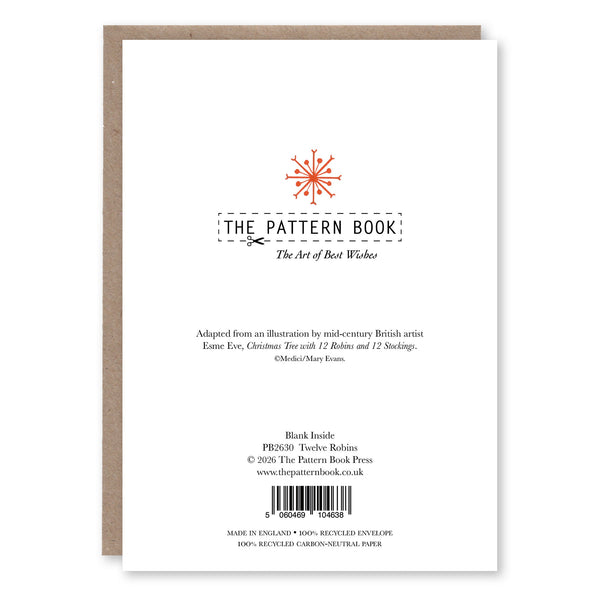 Back of Twelve Robins greeting card showing product details and The Pattern Book branding