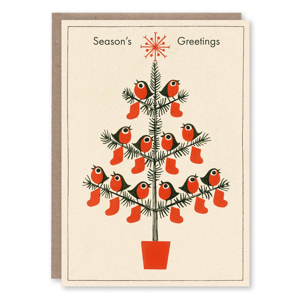 Christmas card with a mid-century illustration of 12 robins and 12 stockings on a Christmas tree, adapted from artwork by Esme Eve