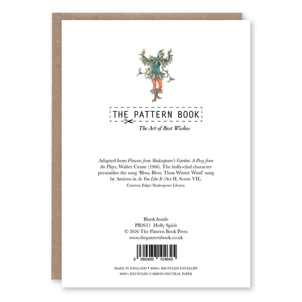 Back of Holly Spirit greeting card showing product details and The Pattern Book branding
