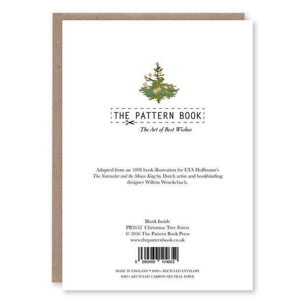Back of Christmas Tree Forest greeting card showing product details and The Pattern Book branding