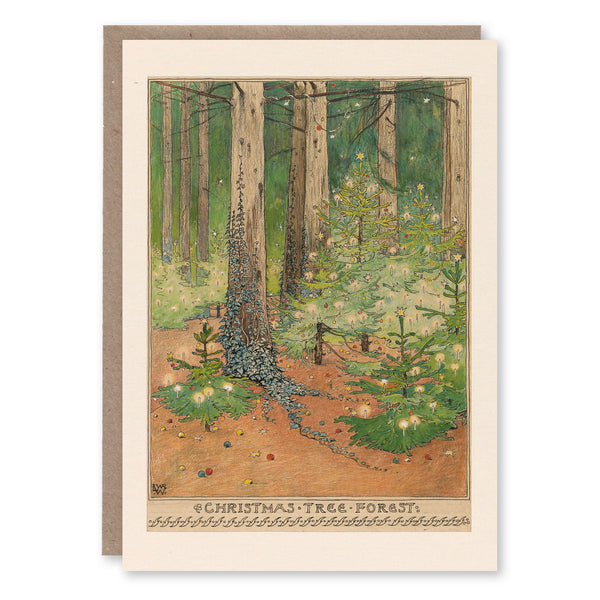 Christmas card with an 1898 illustration of candlelit Christmas trees by Willem Wenckebach, from Hoffmann's The Nutcracker and the Mouse King