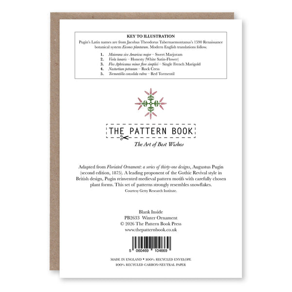 Back of Winter Ornament greeting card showing product details and The Pattern Book branding