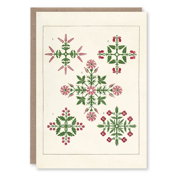 Christmas card with Gothic Revival snowflake ornaments by Augustus Pugin, adapted from Floriated Ornament, 1875