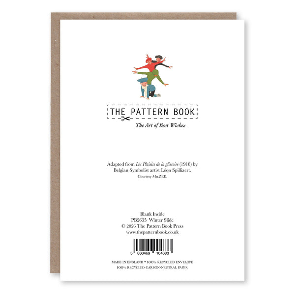 Back of Winter Slide greeting card showing product details and The Pattern Book branding