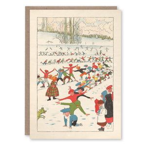 Christmas card with an illustration of village skaters by Léon Spilliaert, adapted from Les Plaisirs de la glissoire, 1918