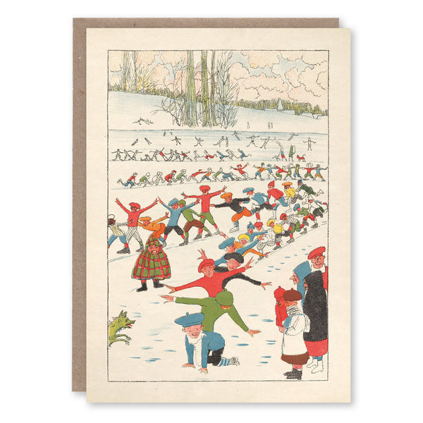 Christmas card with an illustration of village skaters by Léon Spilliaert, adapted from Les Plaisirs de la glissoire, 1918