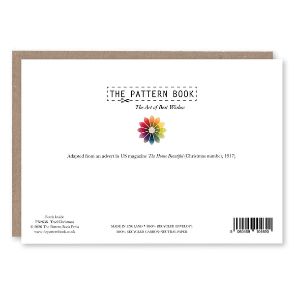 Back of Trad Christmas greeting card showing product details and The Pattern Book branding