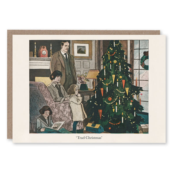 Christmas card with a traditional family scene adapted from a 1917 Christmas advertisement in The House Beautiful magazine